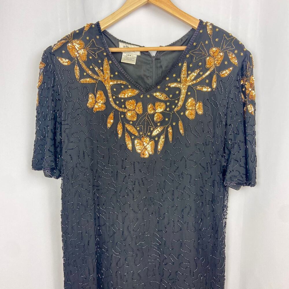 Vintage Beaded Cocktail Dress Size 2X Black Gold Sequins B2 & US by Marx & John - Picture 3 of 15